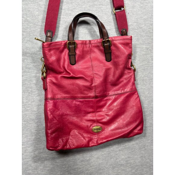 Fossil Explorer Tote Dark Pink Leather Foldover Crossbody Purse - Picture 1 of 12